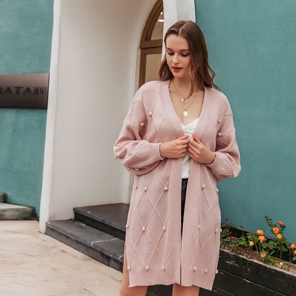 Pom Pom Detail Pink Open Cardigan - Picture 5 of 9